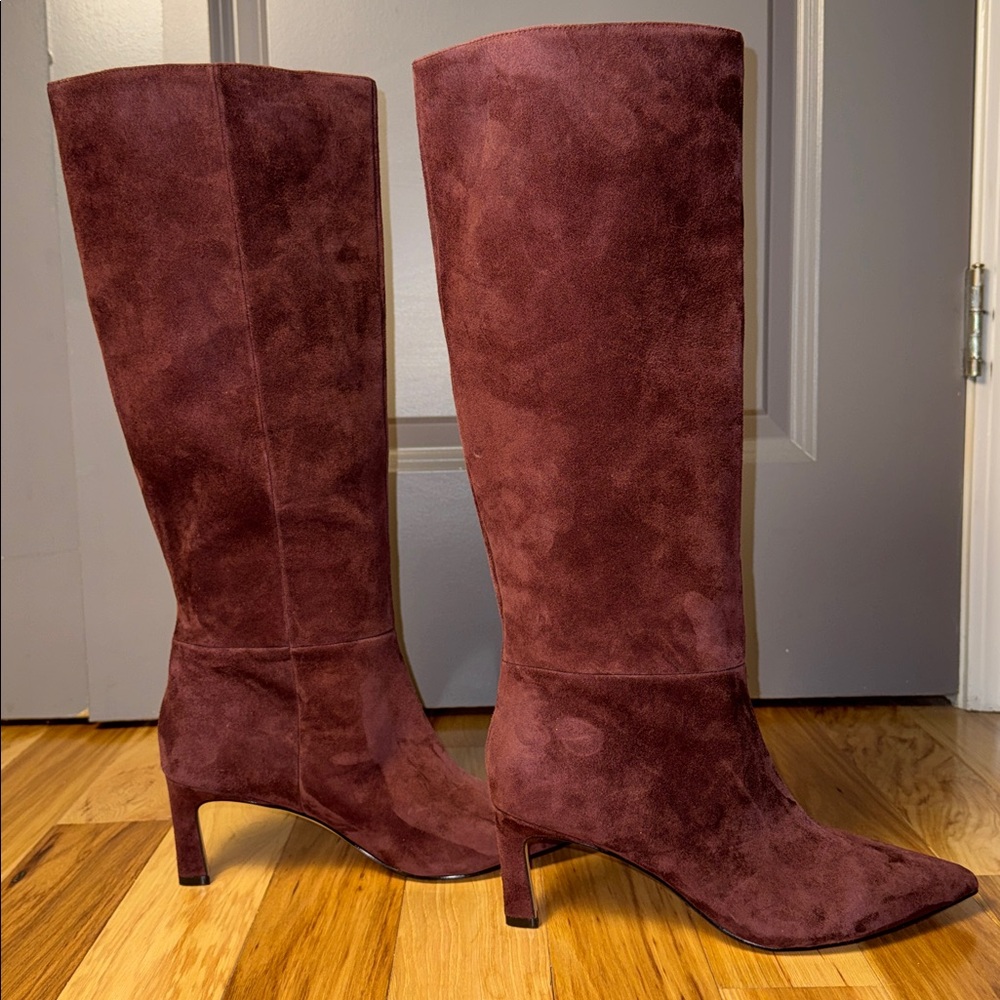 Nine West Knee High Boots Burgundy Suede Pointed Toe Heel Boots - Picture 11 of 11